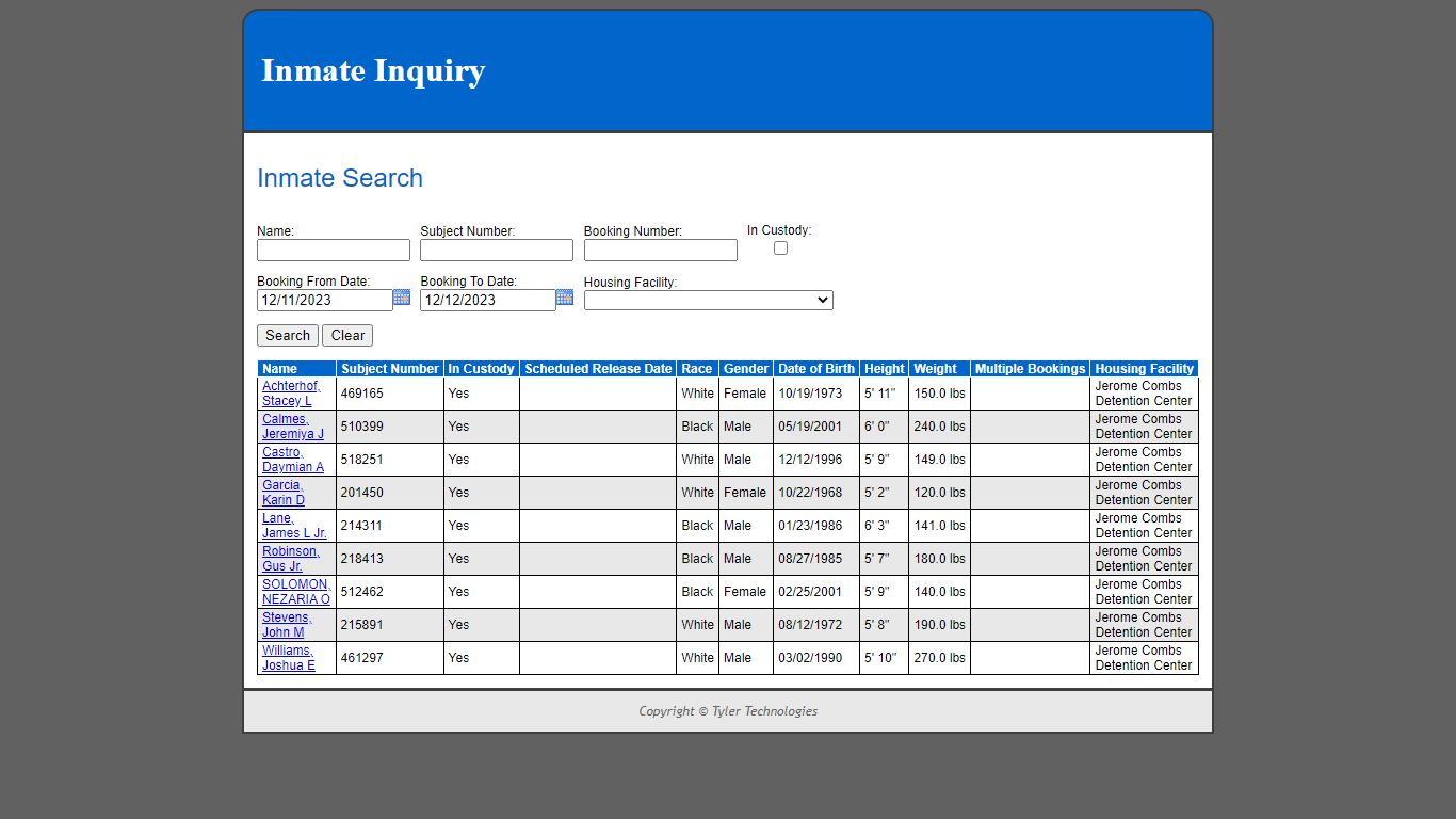 Inmate Inquiry - Inmate Search